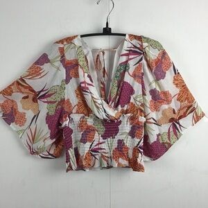 Rachel Zoe cropped faux wrap elasticized smocked waist wide sleeve top Sz XS NWT